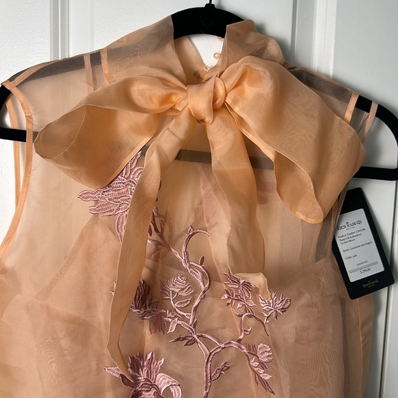 RICH RADI Q'S NEW YORK Silk Peach Embroidered Tie-Neck Blouse Size Medium - Picture 4 of 8